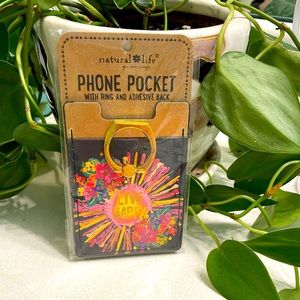 “Live Happy” phone pocket with ring and adhesive back